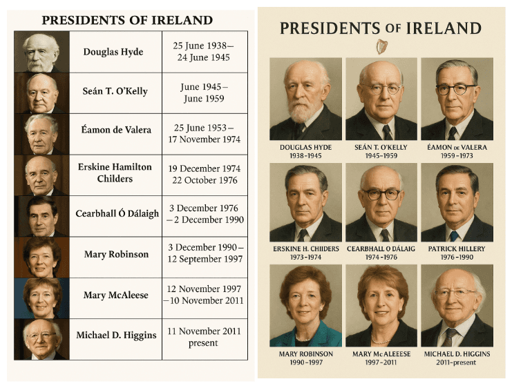 A side by side view of posters of the presidents of Ireland as generated by ChatGPT