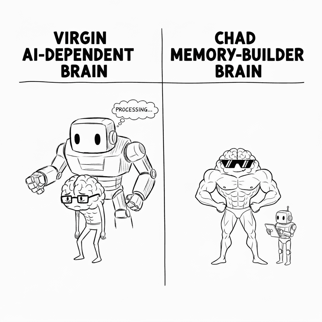 On the left, we have the AI-dependent brain, constantly relying on the AI to do all of its processing and thinking. It has not exercised its power in time and now is weak and undercapacity. On the right-hand side is the brain that has been built up training itself in terms of capacity and power, all the while allowing the AI to help them. This is the Virgin Brain vs. the Chat Brain on AI.
